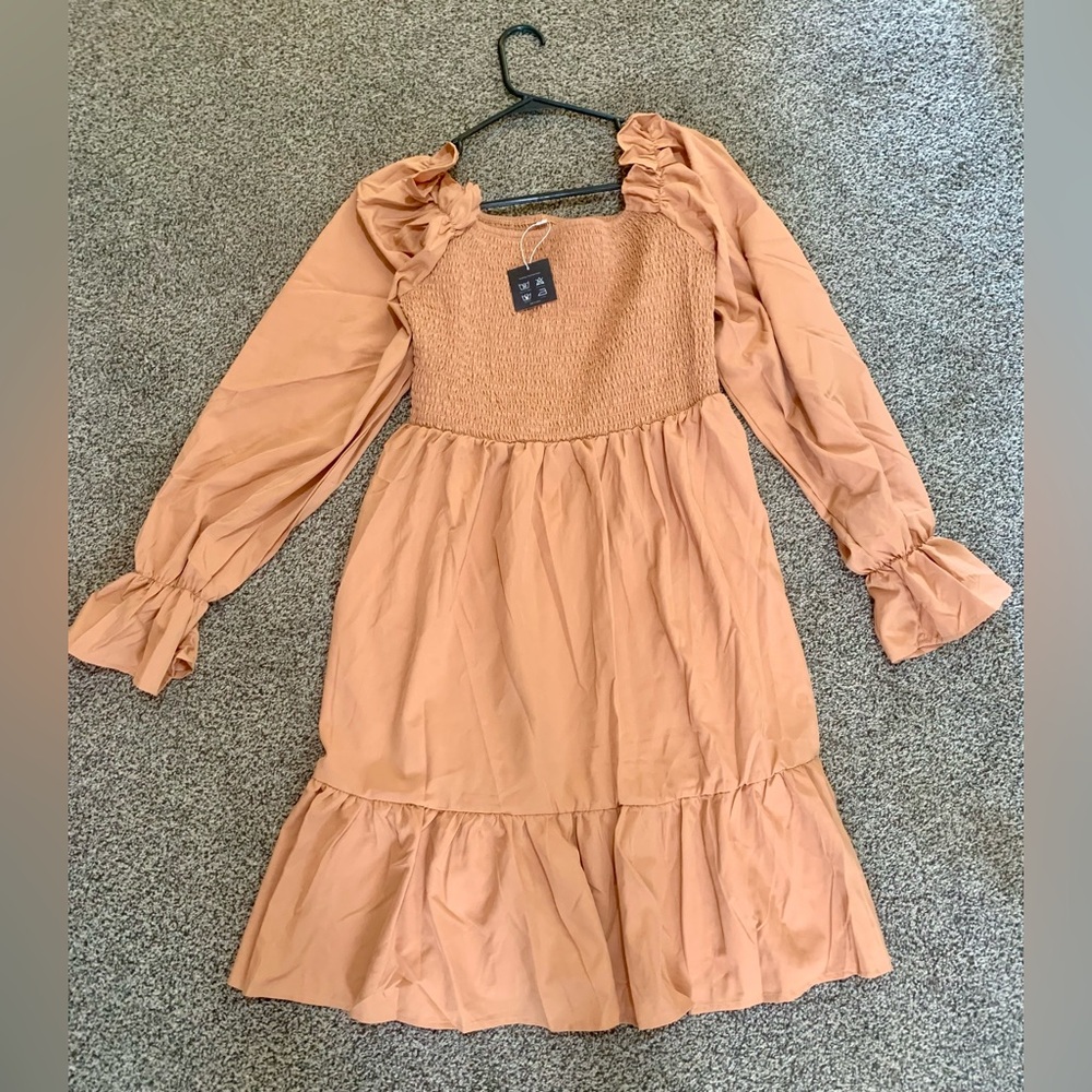 Orange Square Neck Long Sleeve Ruffle A Line Dress